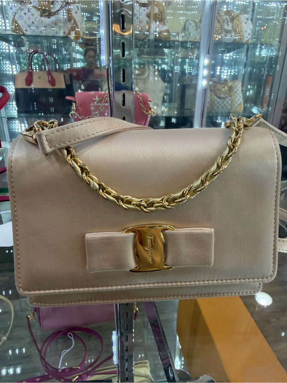 Salvatore Ferragamo Beige Satin Chain-Handle Crossbody with Gold Bow